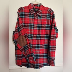 Pendleton Hawthorne Long Sleeve Flannel Shirt Men's L Red Tartan Elbow Patches